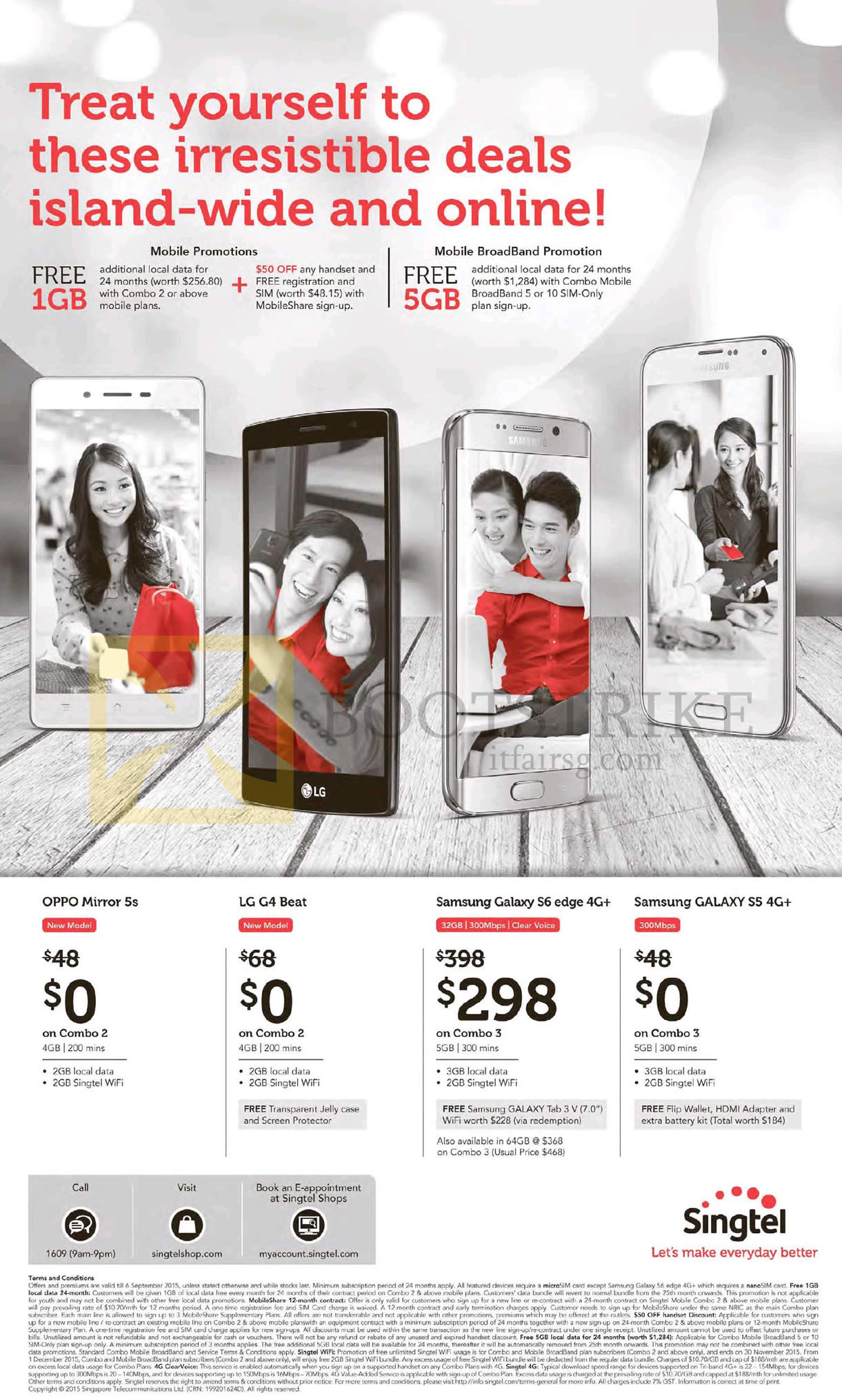 COMEX 2015 price list image brochure of Singtel Mobile Oppo Mirror 5s, LG G4 Beat, Samsung Galaxy S6 Edge, Galaxy S5
