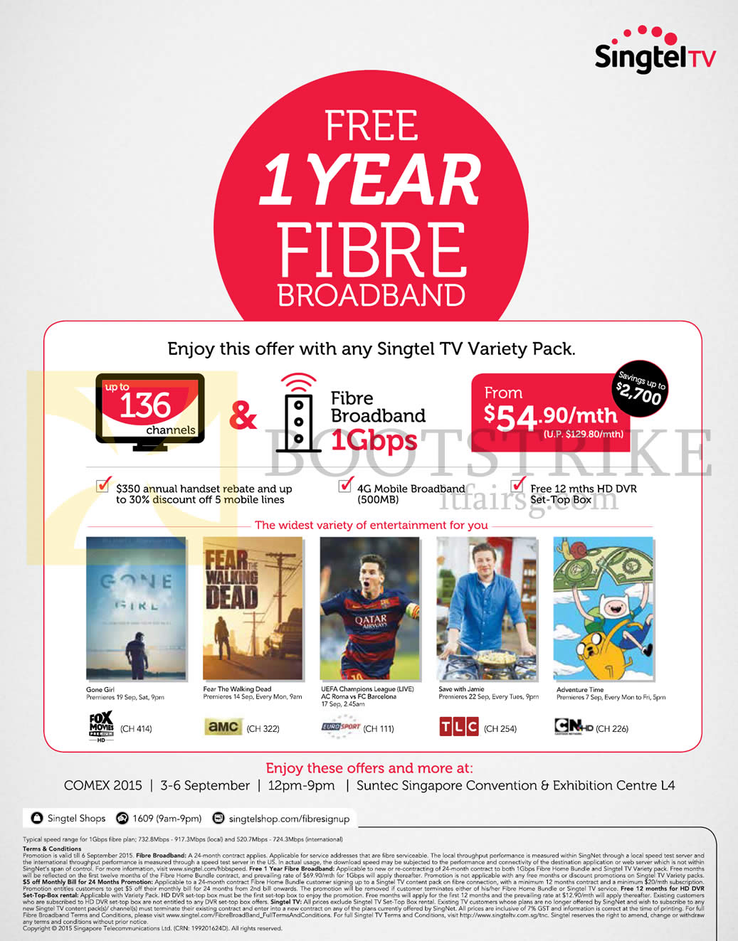 COMEX 2015 price list image brochure of Singtel TV Free 1 Year Fibre Broadband