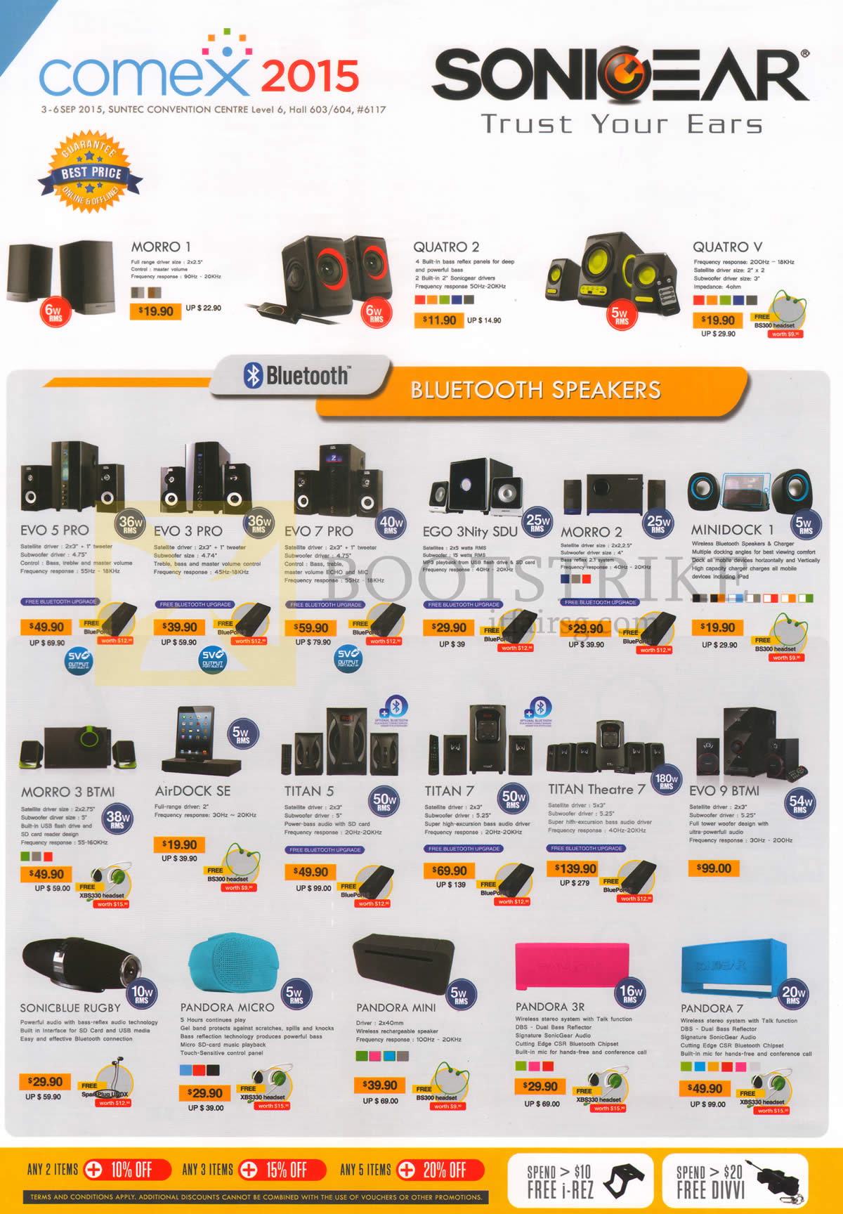 COMEX 2015 price list image brochure of Sonicgear Speakers Bluetooth Morro 1, Quatro 2,V, Evo 5, 3 Pro, Ego 3 Nity SDU, Morro 2, Minidock 1, BTMI, AirDock SE, Titan 5, 7, Theatre 7, Sonicblue Rugby, Pandora Micro, Mini, 3R, 7