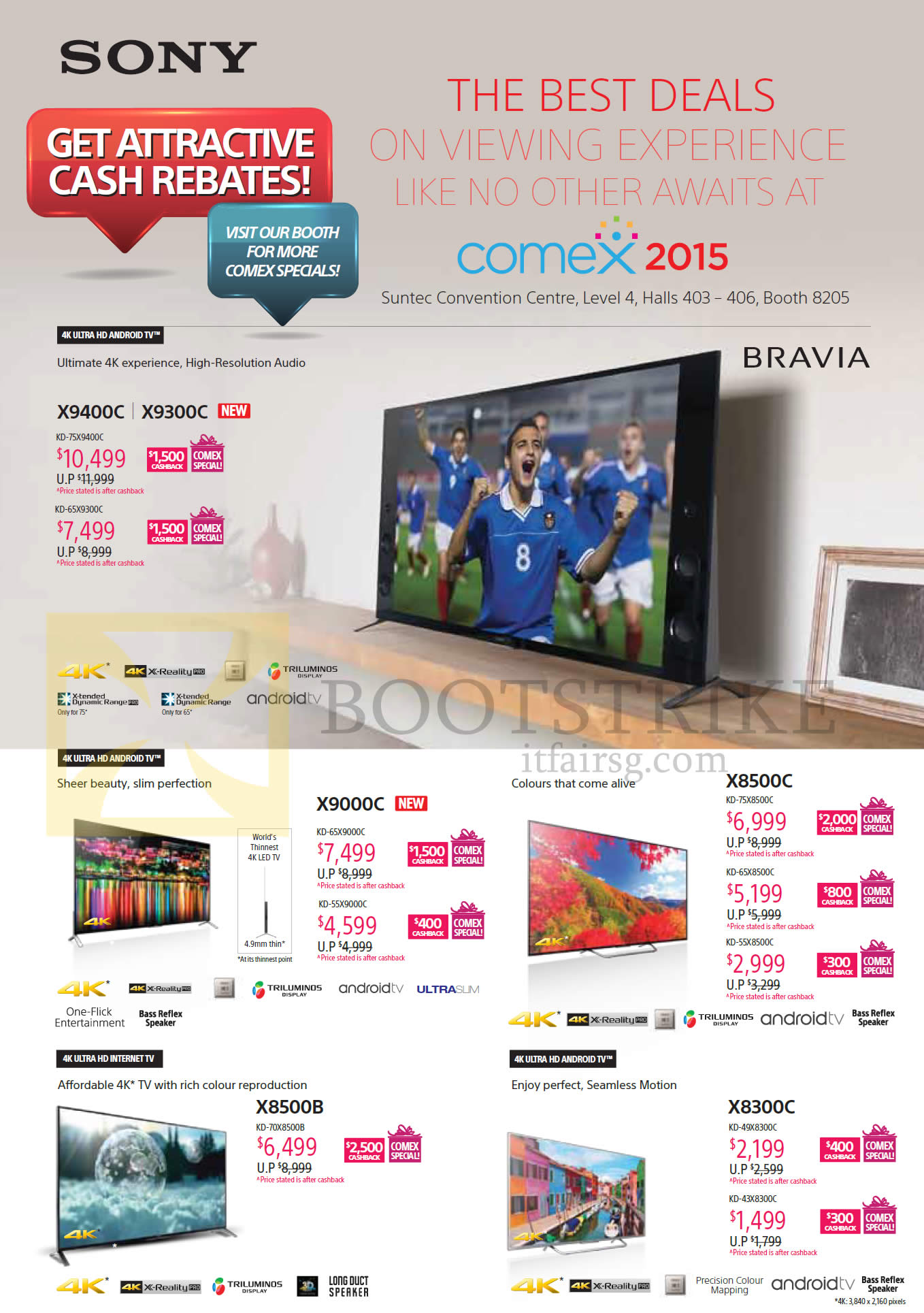 COMEX 2015 price list image brochure of Sony TVs 4K Android KD-X9400C, X9300C, X9000C, X8500C, X8500B, X8300C