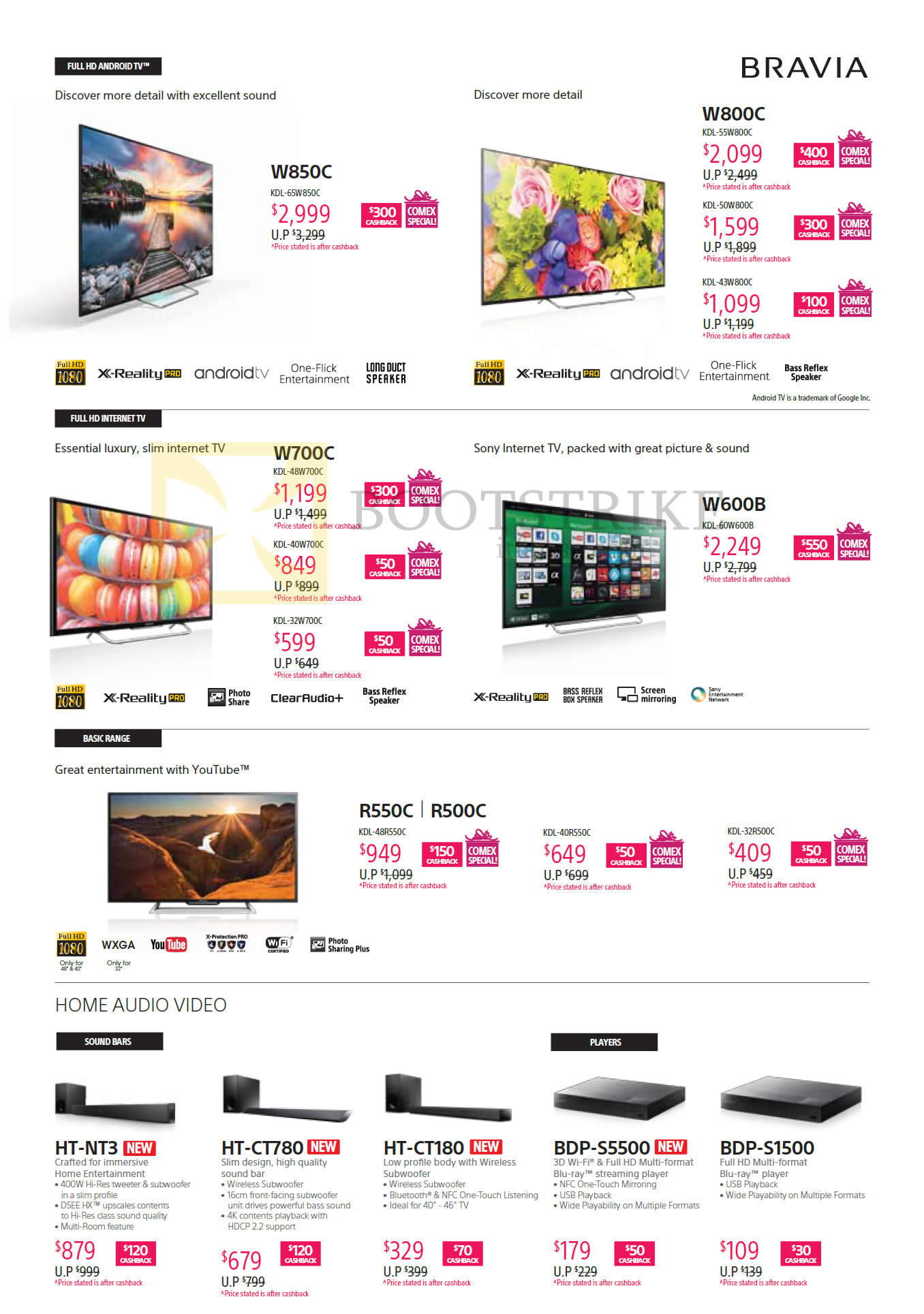 COMEX 2015 price list image brochure of Sony TVs, SoundBars, Blu-Ray Players, W850C, W800C, W700C, W600B, R550C, R500C, HT-NT3, CT780, CT180, S5500, S1500