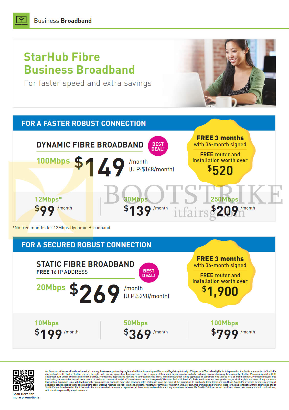 COMEX 2015 price list image brochure of Starhub Business 100Mbps Dynamic Fibre Broadband, 20Mbps Static Fibre Broadband