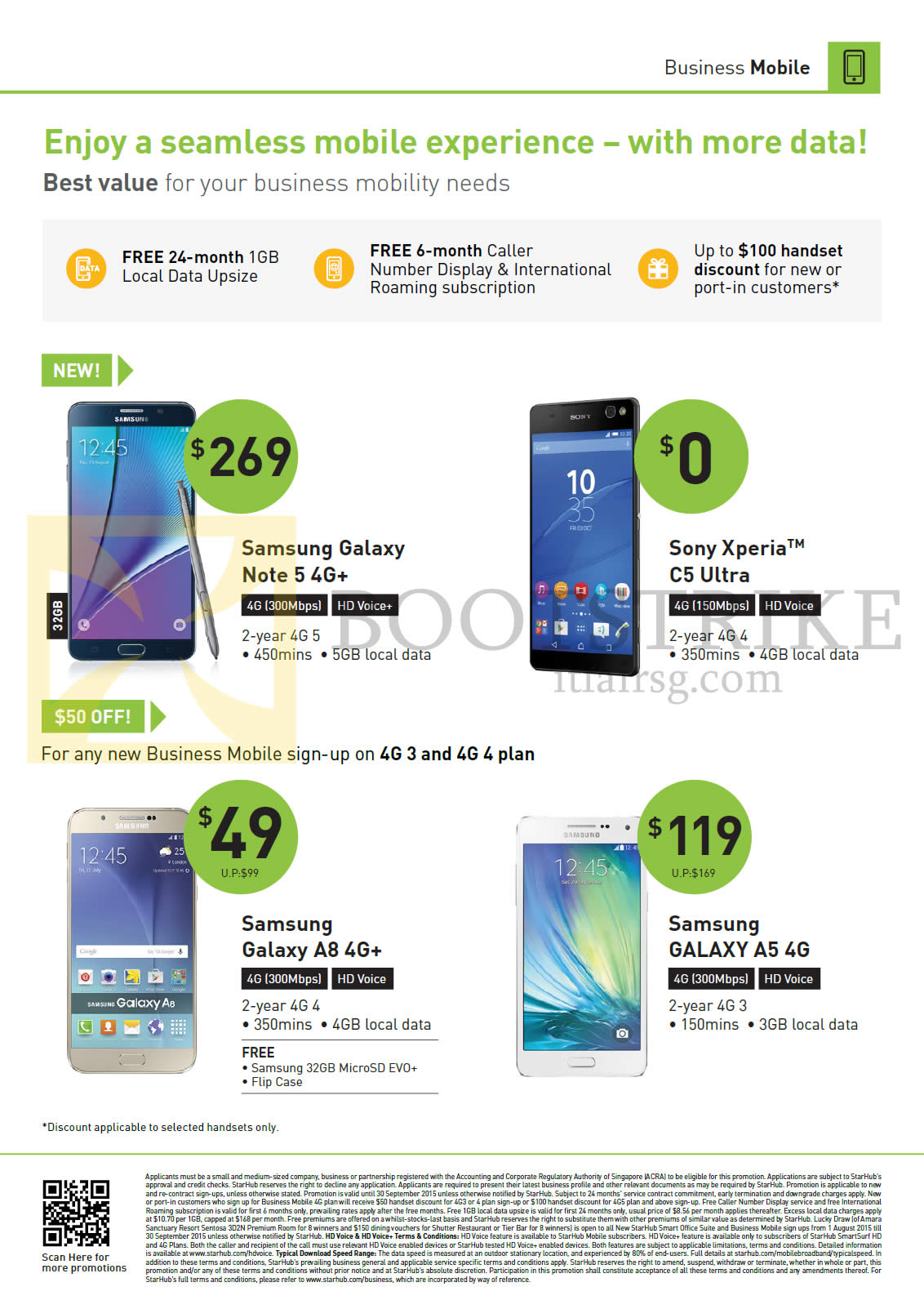 COMEX 2015 price list image brochure of Starhub Business Mobile Phones Samsung Galaxy Note 5, A8, A5, Sony Xperia C5 Ultra