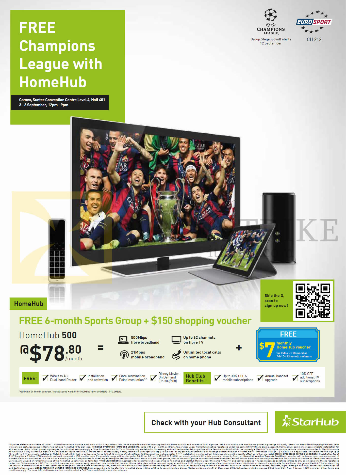 COMEX 2015 price list image brochure of Starhub HomeHub 500, Free 6-month Sports Group, 150 Dollar Shopping Voucher