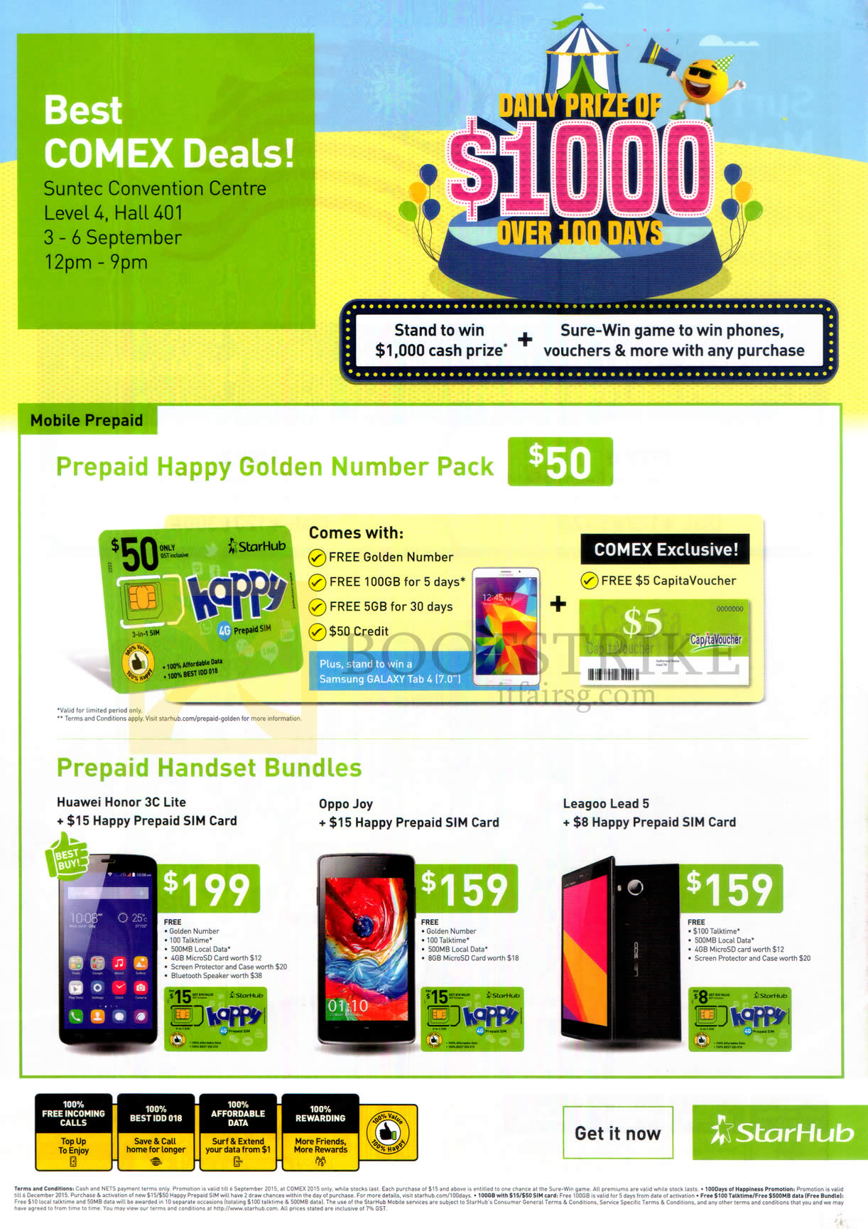 COMEX 2015 price list image brochure of Starhub Mobile Prepaid Golden Number Pack, Prepaid, Mobile Phones Huawei Honor 3C, Oppo Joy, Leagoo Lead 5