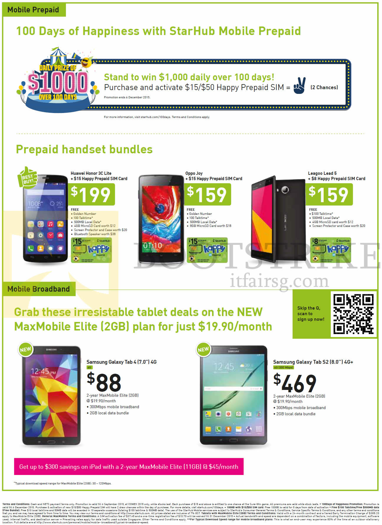 COMEX 2015 price list image brochure of Starhub Mobile Prepaid, Huawei Honor 3C Lite, Oppo Joy, Leagoo Lead 5, Samsung Galaxy Tab 4 7.0 4G, Galaxy Tab S2 8.0, MaxMobile Elite (2GB)