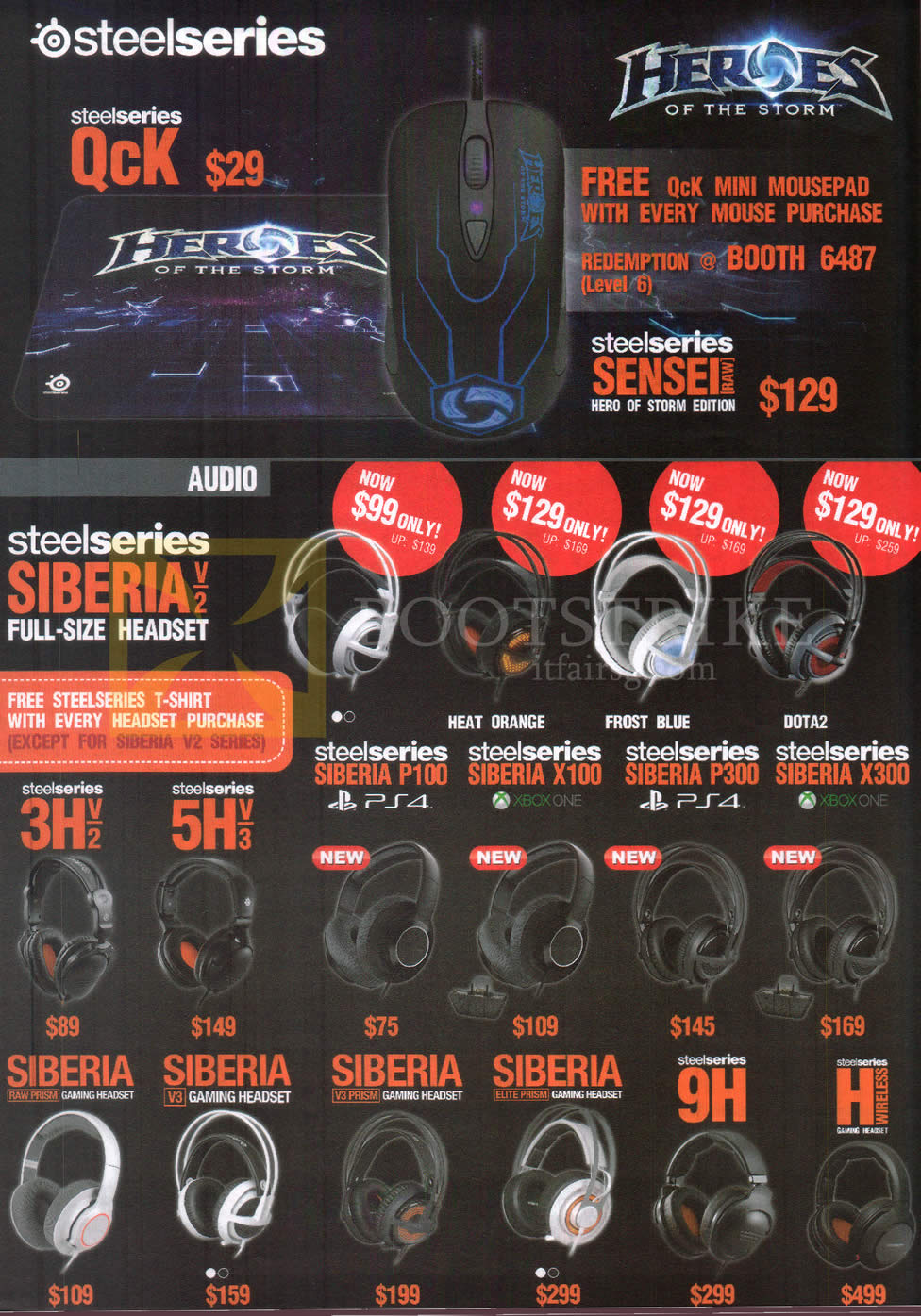 COMEX 2015 price list image brochure of Steelseries Mouse QcK, Headsets Siberia P100, X100, P300, X300 3HV2, 5HV3, 9H, H Wireless