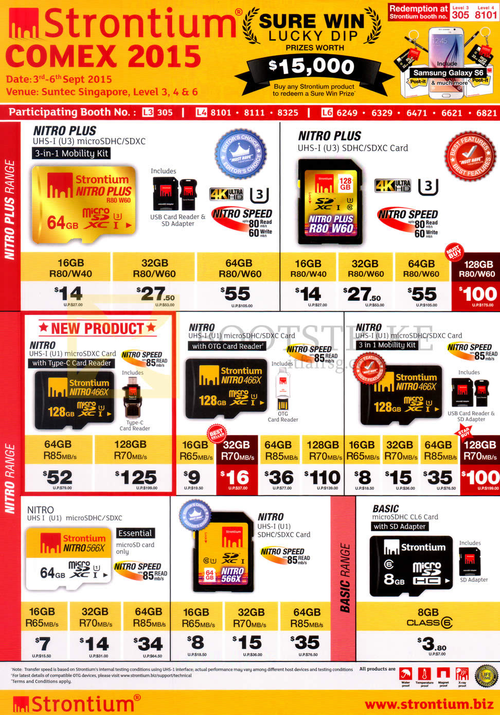 COMEX 2015 price list image brochure of Strontium Memory Cards Nitro Plus, Nitro, Basic 16GB, 32GB, 64GB, 128GB