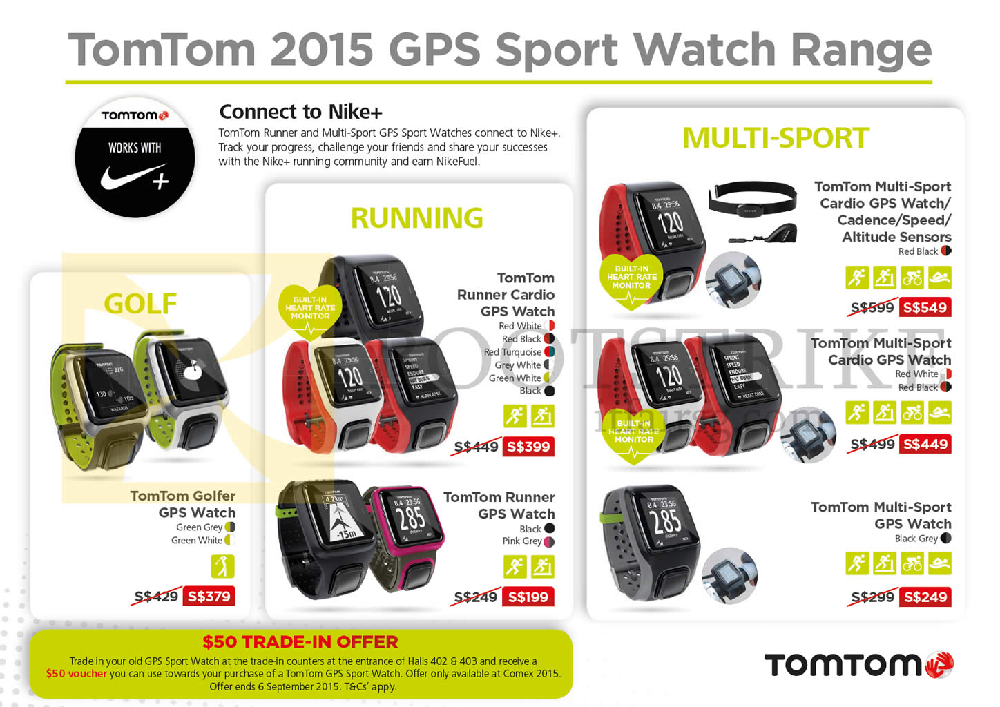 COMEX 2015 price list image brochure of TomTom GPS Sport Watch Range Golfer, Runner, Runner Cardio, Multi-Sport Cardio