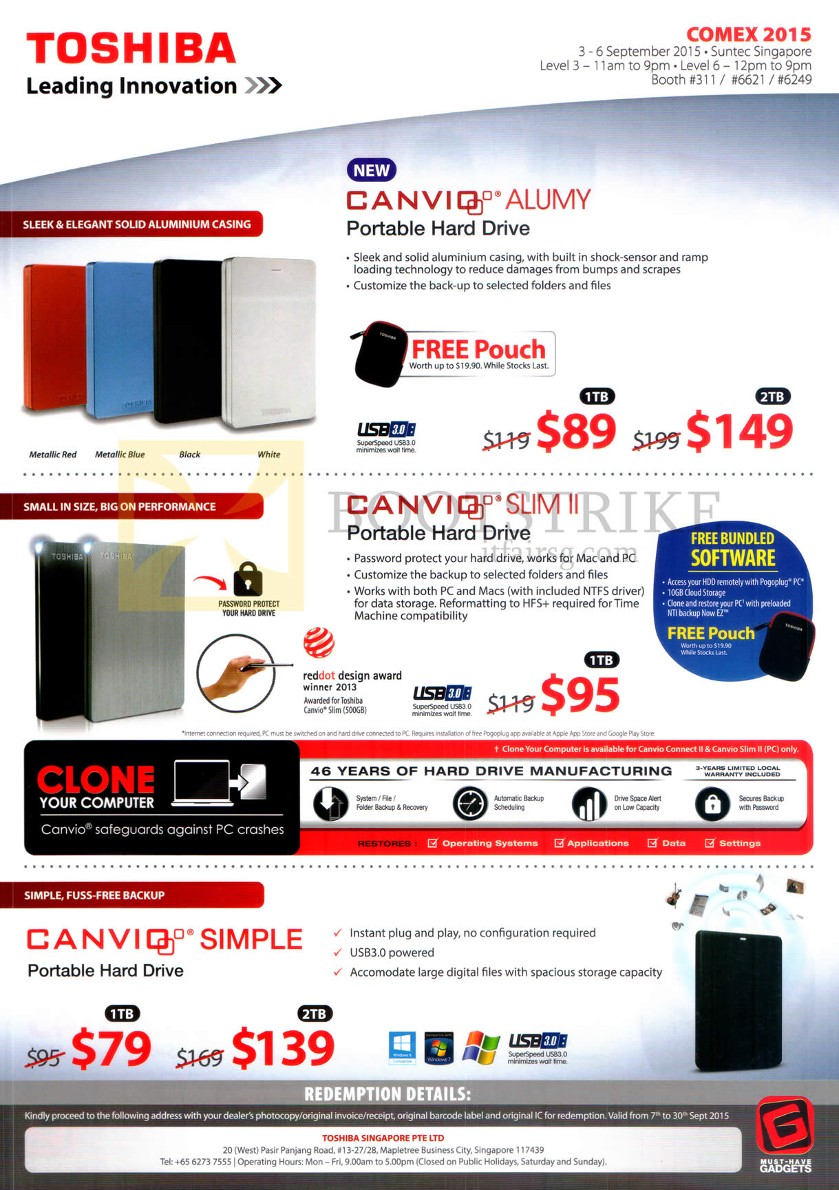 COMEX 2015 price list image brochure of Toshiba External Storage Drive Canvio Alumy, Canvio Slim II, Canvio Simple, 1TB 2TB