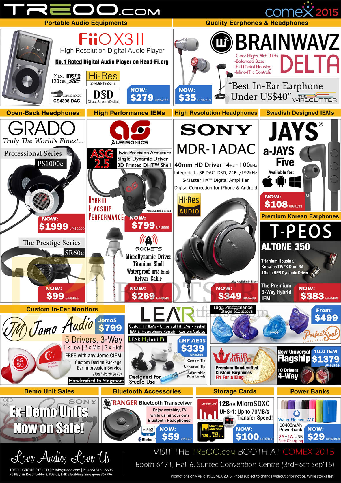 COMEX 2015 price list image brochure of Treoo.com Earphones, Headphones, IEMs, In-Ear Monitors, Storage Cards, Power Banks, Audio Player, Brainwavz, Grado, Aurisonics, Sony, Jays, T-Peos, Lear, Jomo Audio
