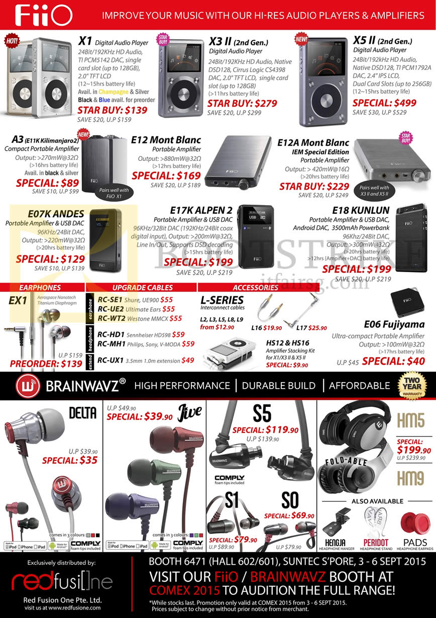 COMEX 2015 price list image brochure of Treoo.com Fiio Red Fusione Audio Players, Amplifiers, Earphones, Headphones, X1, X3 II, X5 IIMont Blanc, E07K Andes, E17K Alpen2, E18 Kunlun, EX1, RC-SE1, S1, S5, HM5, HM9
