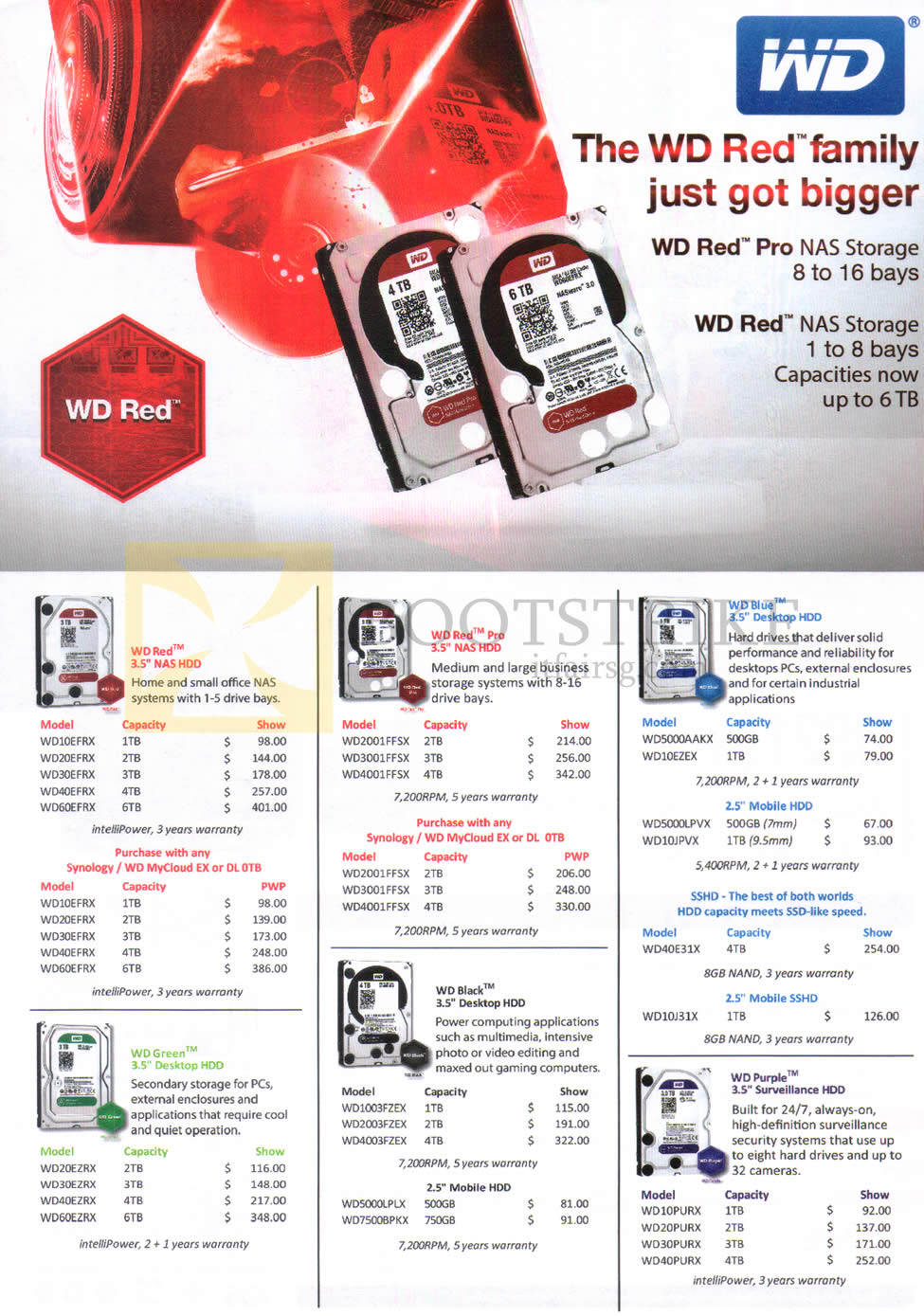 COMEX 2015 price list image brochure of Western Digital NAS Storage Red Pro, Red, Blue, SSHD, Purple Surveillance, Black Desktop, Green Desktop