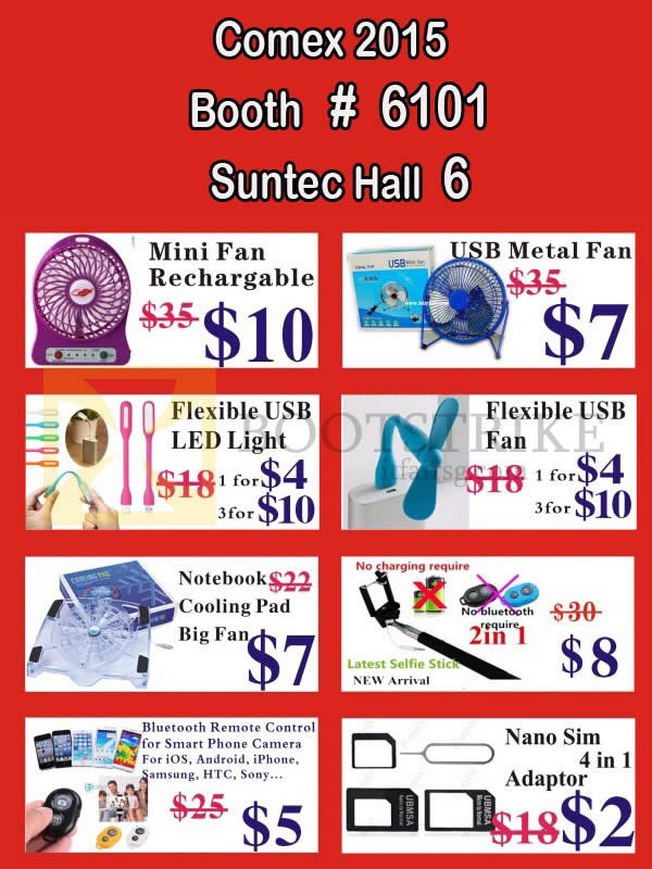 COMEX 2015 price list image brochure of Worldwide Computer Services Accessories Mini Fan, Metal Fan, USB Fan, Selfie Stick, Cooling Pad, Nano Sim Adaptor, Bluetooth Remote Control