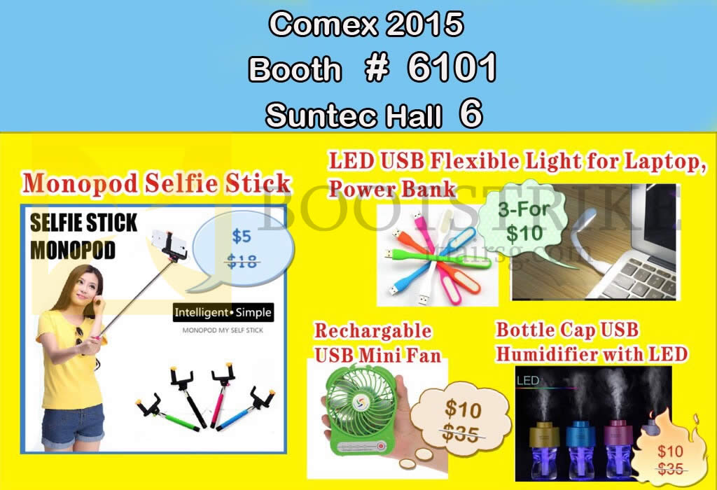 COMEX 2015 price list image brochure of Worldwide Computer Services Accessories Selfie Stick, USB Light, USB Mini Fan