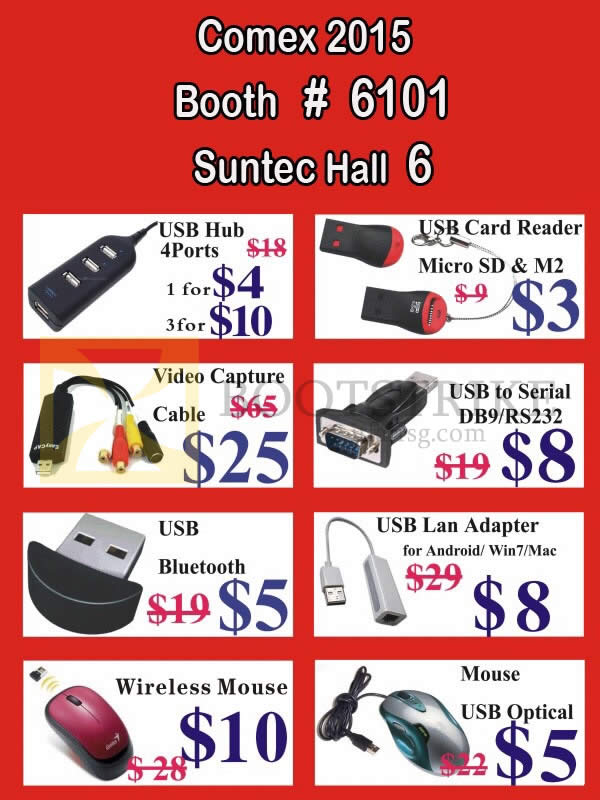 COMEX 2015 price list image brochure of Worldwide Computer Services Accessories USB Hub, Card Reader, Capture Cable, Bluetooth, Lan Adapter, Mouse, Wireless Mouse