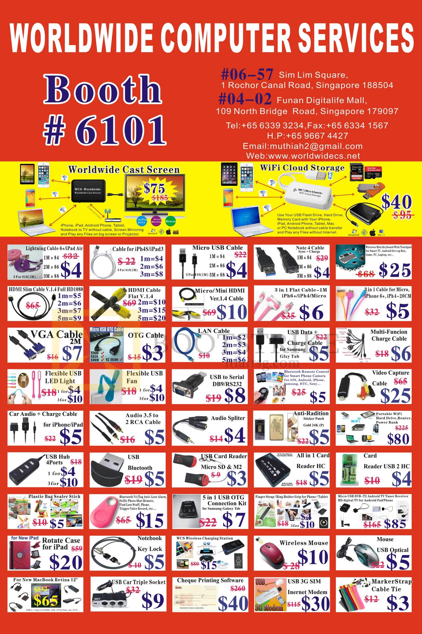 COMEX 2015 price list image brochure of Worldwide Computer Services Accessories, Cast Screen, Cloud Storage, Cables, Sockets, Mouses, Cable Ties, Cheque Printing Software