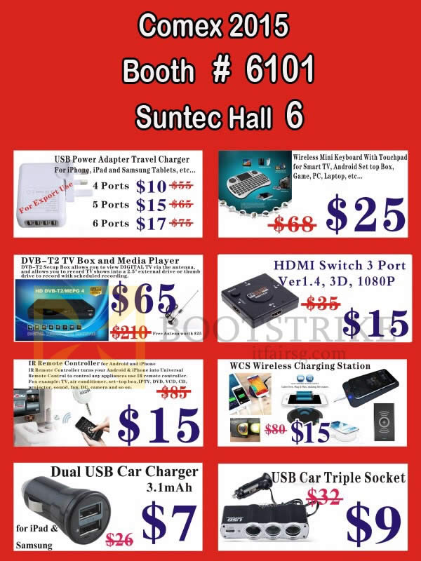 COMEX 2015 price list image brochure of Worldwide Computer Services USB Power Adapter, Mini Keyboard, Media Player, HDMI Port, Wireless Charging Station, Car Charger, Car Triple Socket