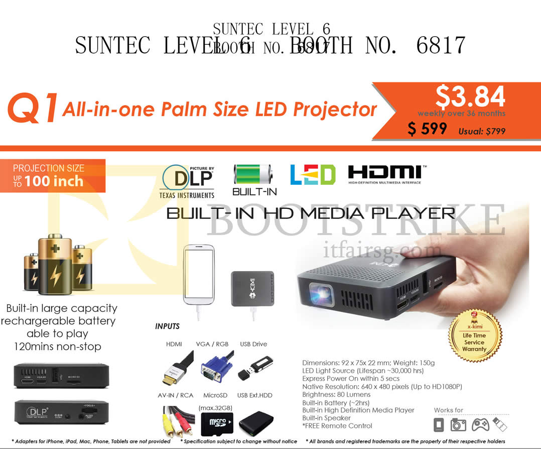 COMEX 2015 price list image brochure of X-Kimi Innovative Q1 AIO Palm Size LED Projector