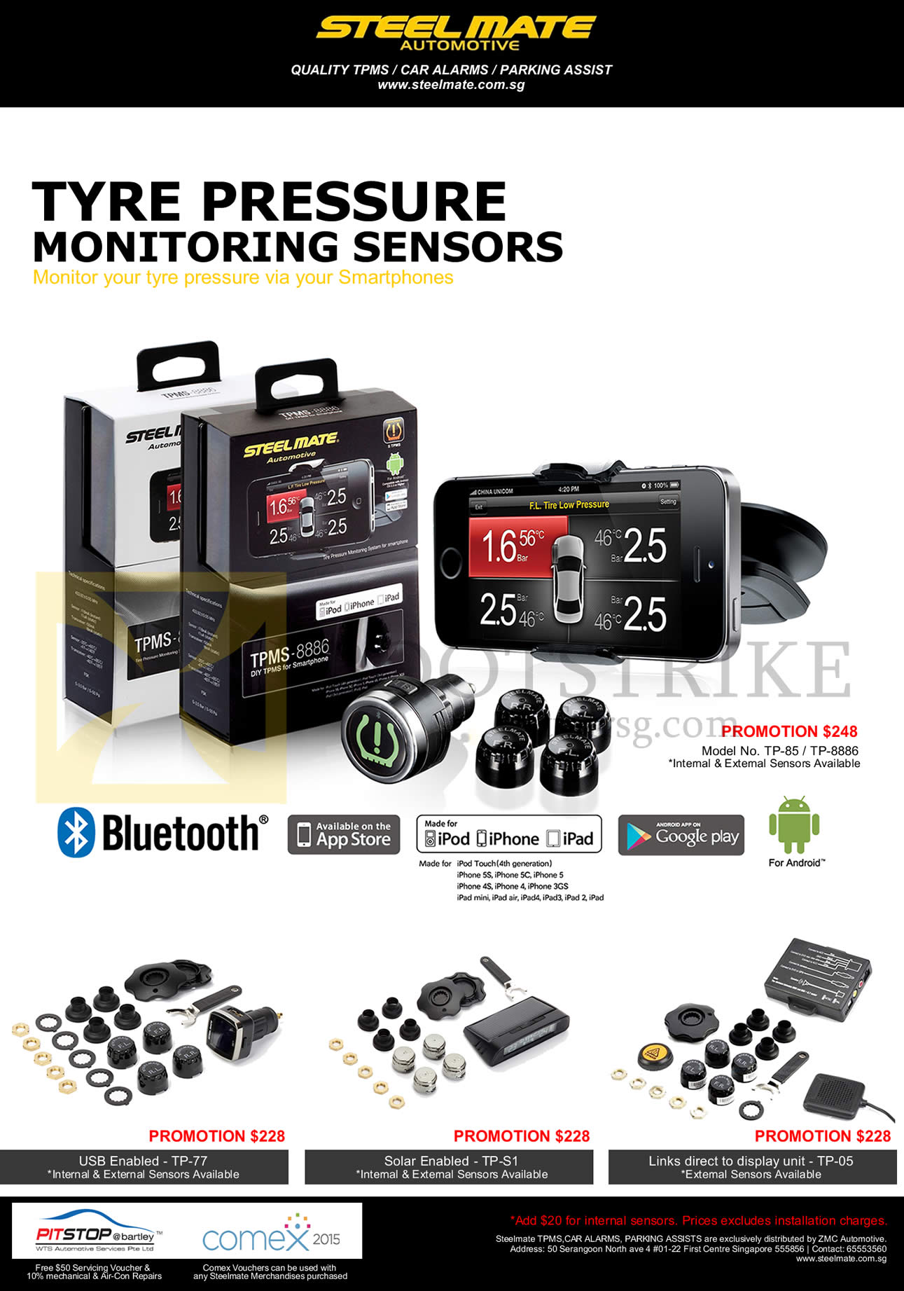 COMEX 2015 price list image brochure of ZMC Steelmate Tyre Pressure Monitoring Sensors TP-77, TP-S1, TP-05