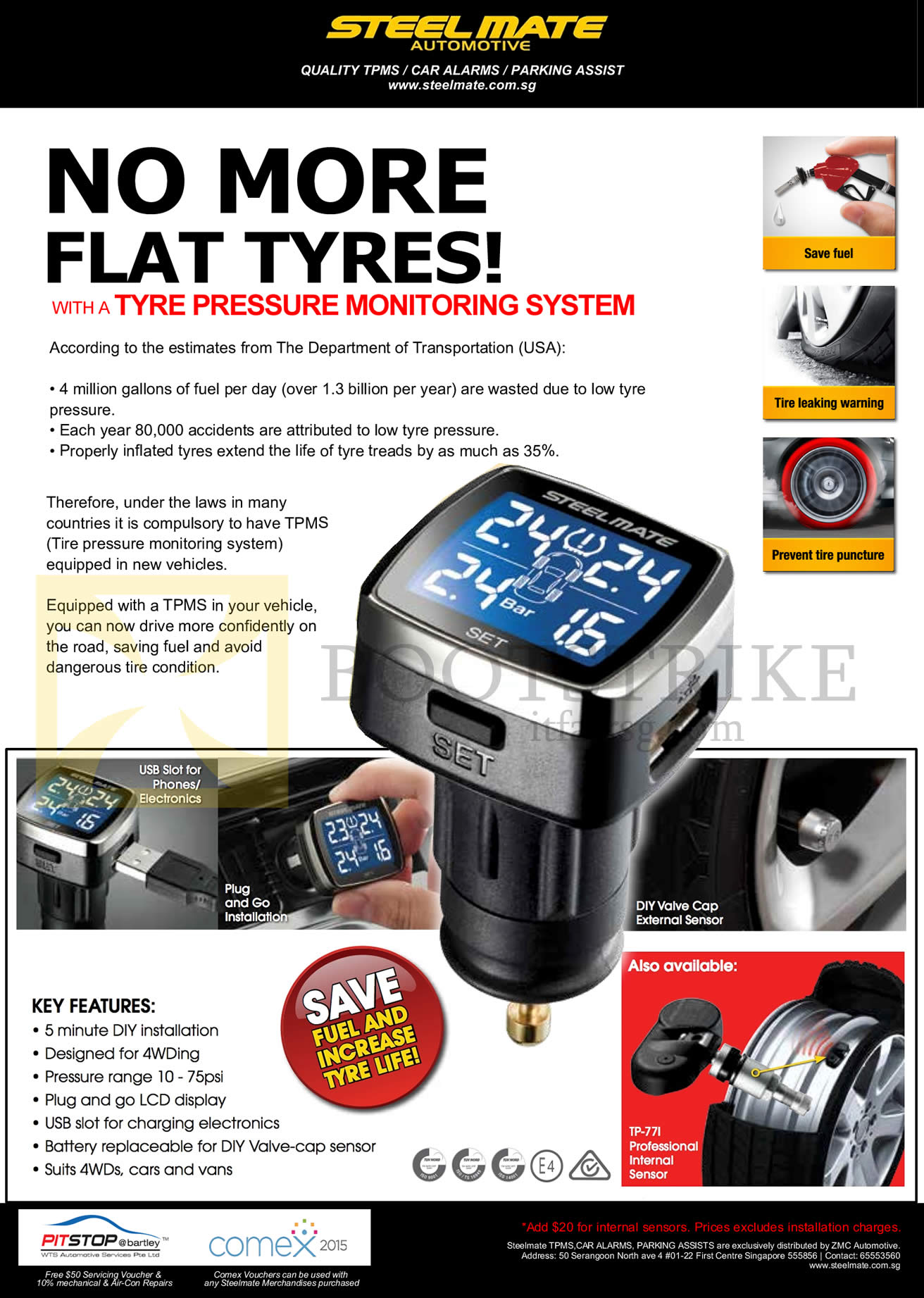 COMEX 2015 price list image brochure of ZMC Steelmate Tyre Pressure Monitoring System Features