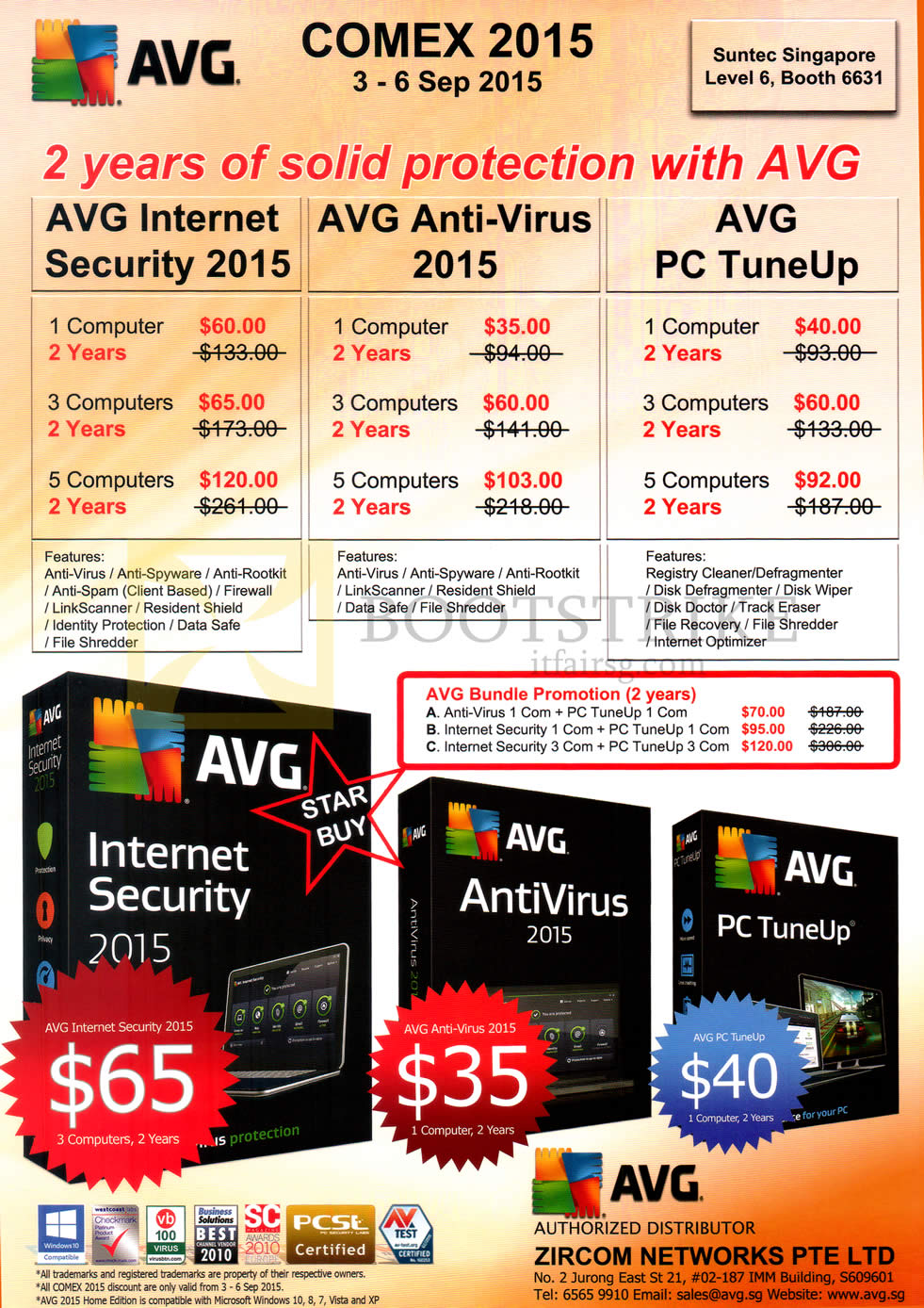 COMEX 2015 price list image brochure of Zircom Networks AVG Protection Internet Security 2015, Anti-Virus 2015, PC TuneUp