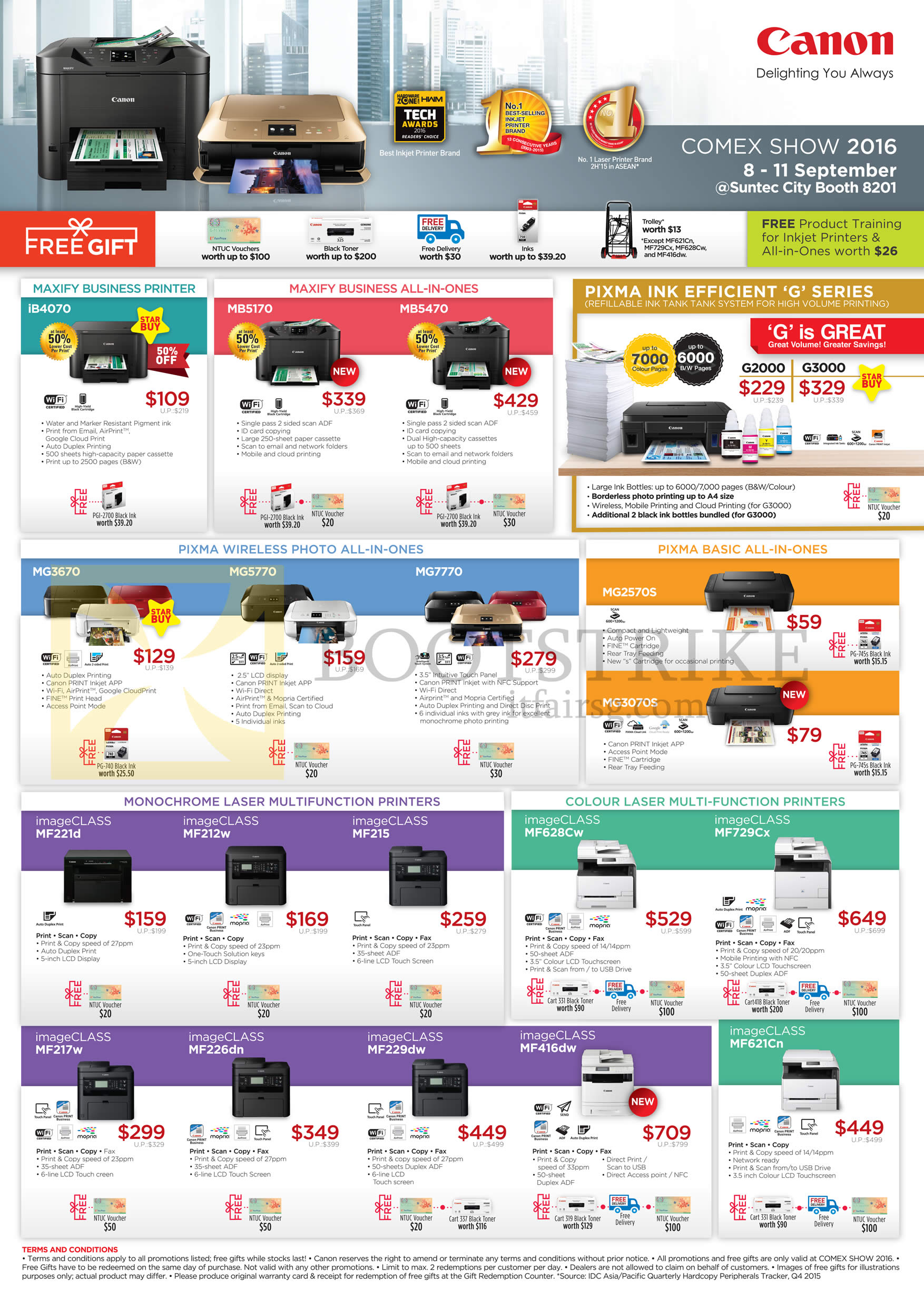 COMEX 2016 price list image brochure of Canon Printers Inkjet IB4070, MB5170, 5470, MG3670, 5770, 7770, ImageCLASS MF221d, MF212w, MF215, MF217w, MF226dn, MF229dw, MF416dw, MF621dn, MF628Cw