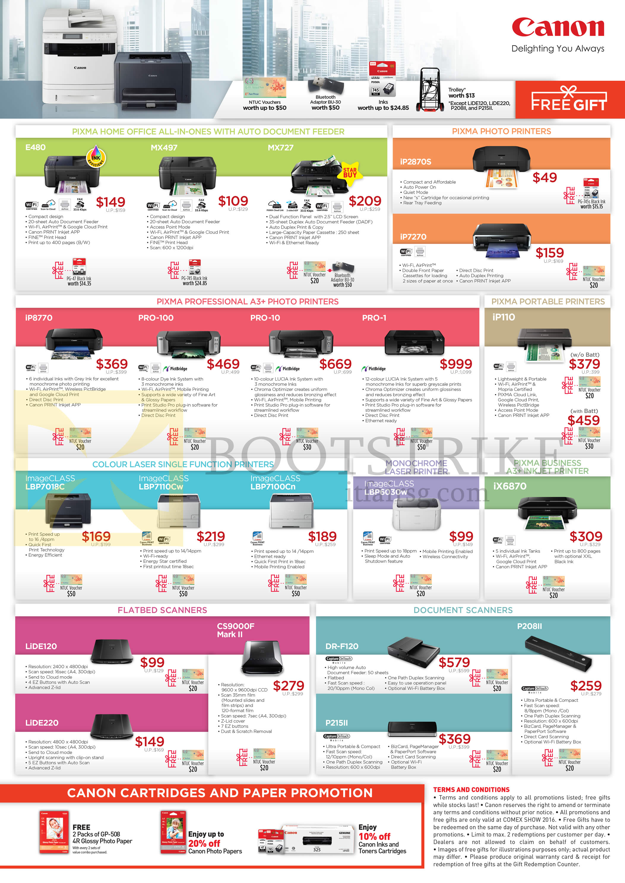 COMEX 2016 price list image brochure of Canon Printers, Scanners, E480, MX497, IP2870S,7270, IX6870, IP110, PRO-100, 10, 1, LiDE120, CS9000F Mark II, ImageCLASS LBP7018C, DR-F120, P215II, P208II
