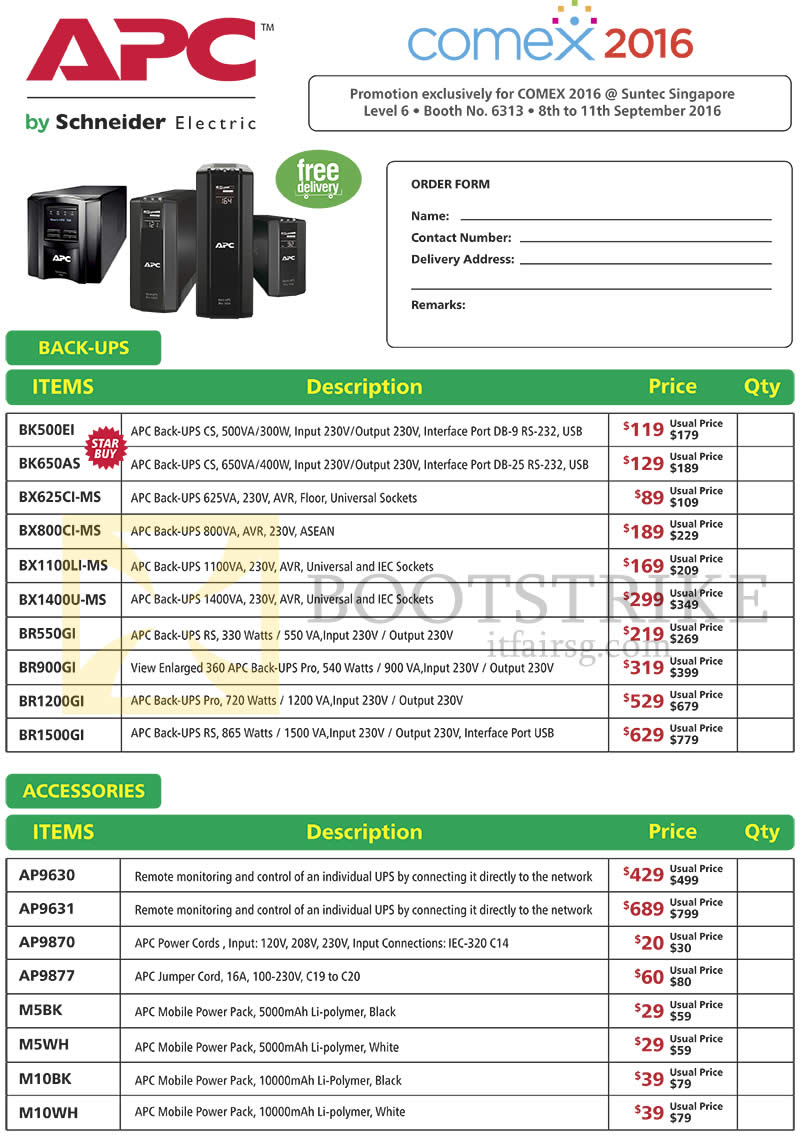 COMEX 2016 price list image brochure of Convergent APC Power Back-Ups, Accessories, BK500EI, 650AS, BX-625CI-MS, 800CI-MS, AP9630, 9631, 9870, 9877, M5BK, M5WH, M10BK, M10WH
