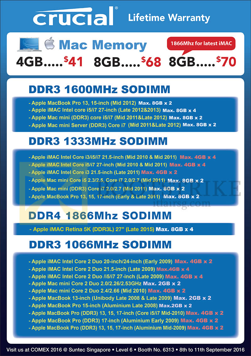 COMEX 2016 price list image brochure of Convergent Crucial Mac Memory RAM DDR3, DDR4, 4GB, 8GB