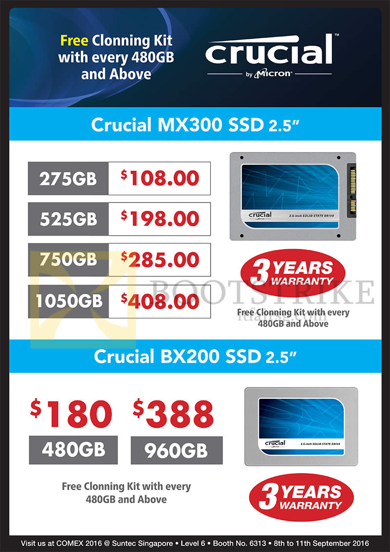 COMEX 2016 price list image brochure of Convergent Crucial SSDs MX300, BX200, 275GB, 480GB, 525GB, 750GB, 960GB, 1050GB