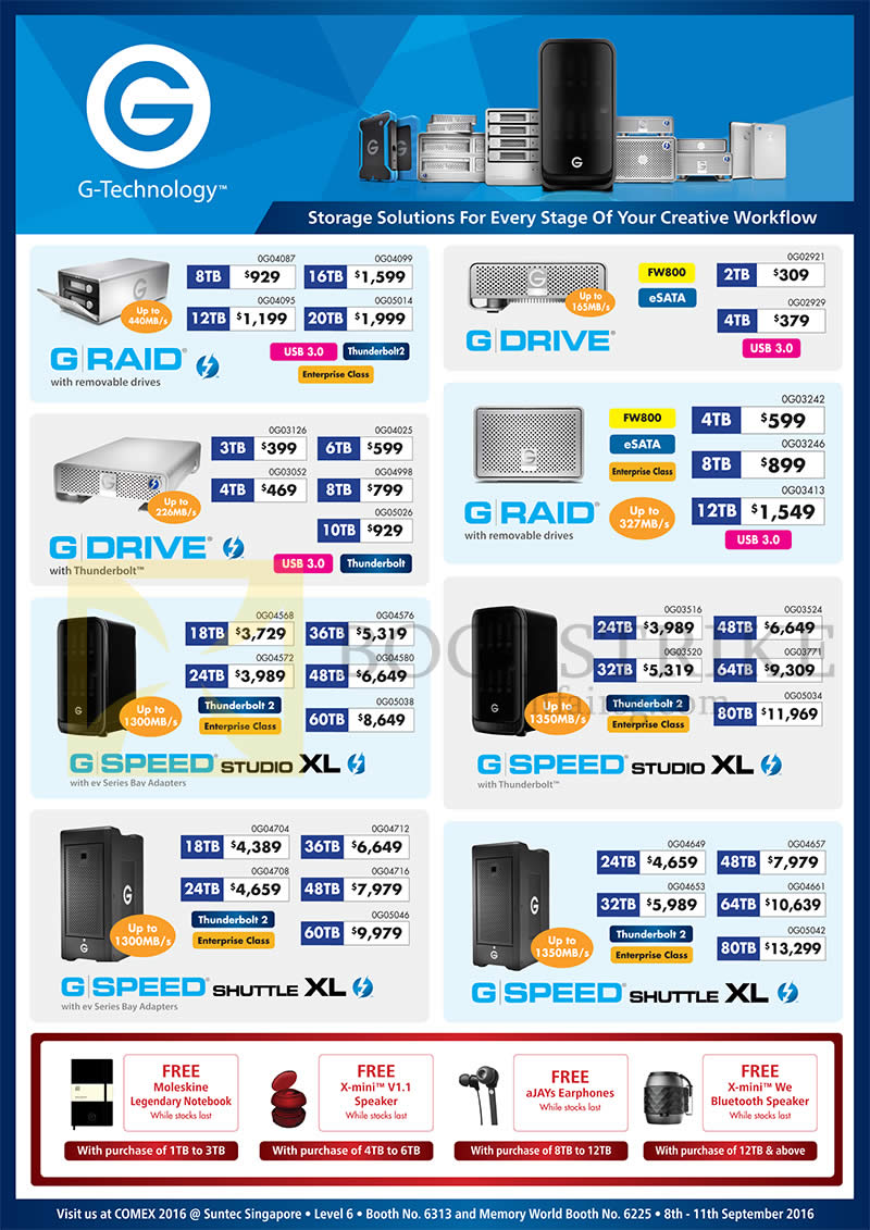 COMEX 2016 price list image brochure of Convergent G Technology SSDs G Raid, Drive, Speed Studio XL, Shuttle XL, 2, 3, 4, 6, 8, 10, 12, 16, 18, 20, 24, 32, 36, 48, 60, 64TB