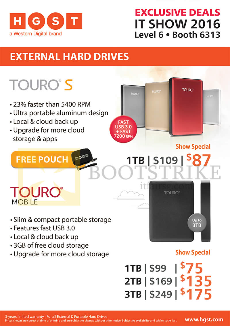 COMEX 2016 price list image brochure of Convergent HGST External Hard Drives Touro S, Touro Mobile, 1TB, 2TB, 3TB