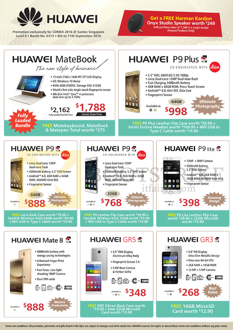COMEX 2016 price list image brochure of Convergent Huawei Tablets, Mobile SmartPhones, MateBook, P9 Plus, P9, P9 Lite, Mate 8, GR5, GR3