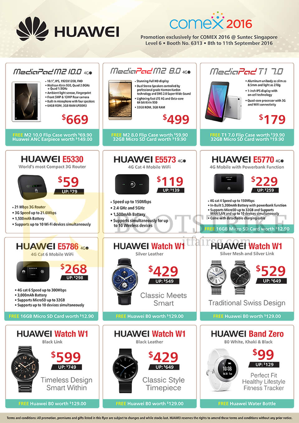 COMEX 2016 price list image brochure of Convergent Huawei Tablets, Router, Powerbank, Watches, MediaPad M2 10.0, 8.0, T1 7.0, Mobile Wifi E5330, E5573, E5770, E5786, Watch W1, Band Zero