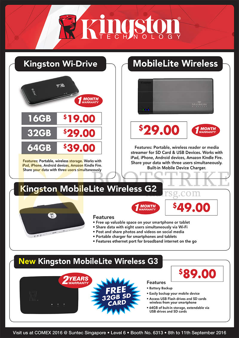 COMEX 2016 price list image brochure of Convergent Kingston External Storage Wi-Drive, MobileLite, Wireless, G2, G3, 16GB, 32GB, 64GB