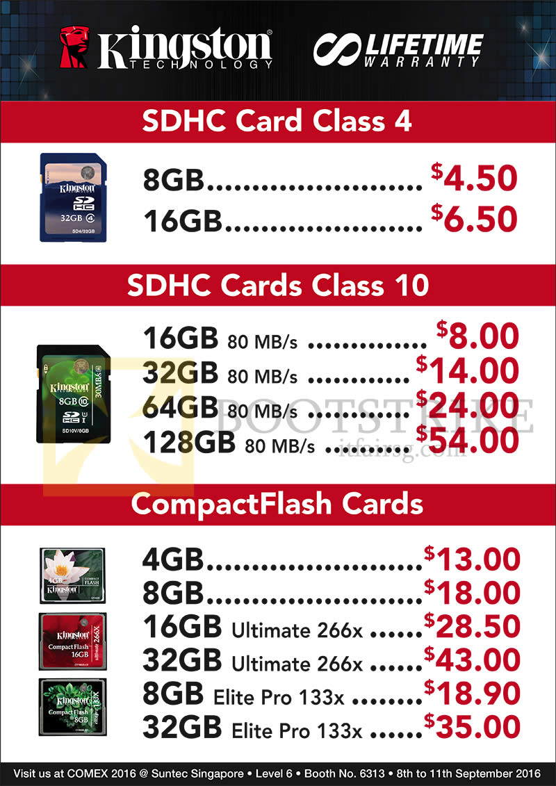 COMEX 2016 price list image brochure of Convergent Kingston SDHC Card Class 4, 10, CompactFlash Cards, 4GB, 8GB, 16GB, 32GB, 64GB, 128GB