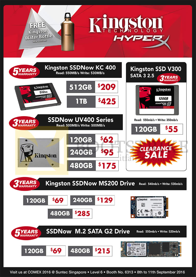 COMEX 2016 price list image brochure of Convergent Kingston SSDs SSDNow KC400, UV400, V300, MS200 Drive, M.2 SATA G2 Drive, 120GB, 240GB, 480GB, 512GB, 1TB