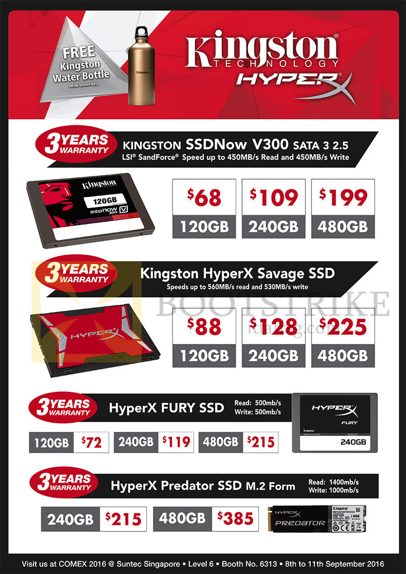 COMEX 2016 price list image brochure of Convergent Kingston SSDs SSDNow V300, HyperX Savage, Fury, Predator, 120GB, 240GB, 480GB