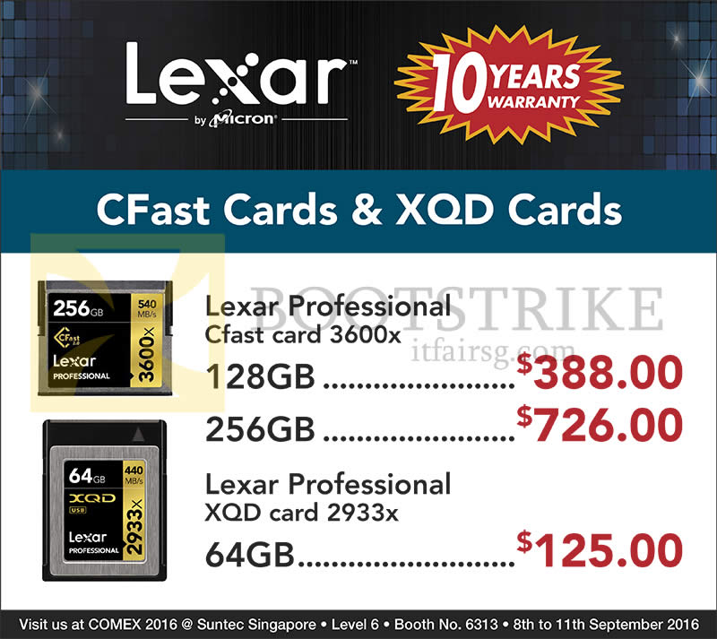 COMEX 2016 price list image brochure of Convergent Lexar CFast Cards, XQD Cards 64GB, 128GB, 256GB