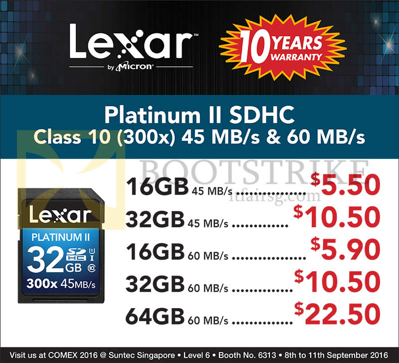 COMEX 2016 price list image brochure of Convergent Lexar Platinum II SDHC Class 10 16GB, 32GB, 64GB