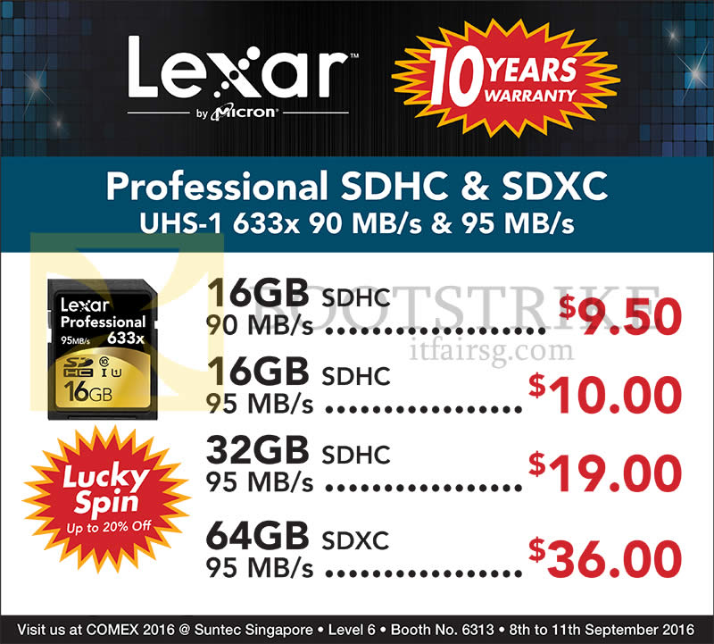 COMEX 2016 price list image brochure of Convergent Lexar Professional SDHC, SDXC 16GB, 32GB, 64GB