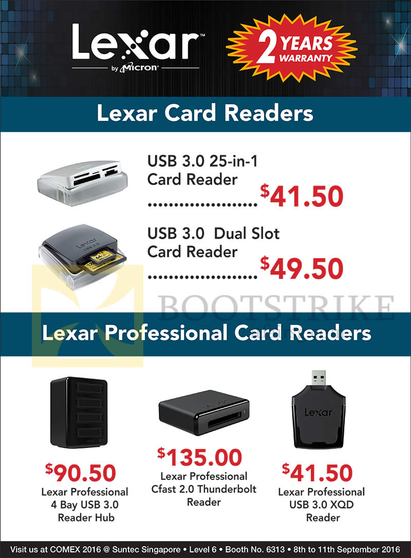 COMEX 2016 price list image brochure of Convergent Lexar, Professional Card Readers, USB 3.0 25 In 1, 3.0 Dual Slot, 4 Bay USB 3.0, Professional Cfast 2.0 Thunderbolt, USB 3.0 XQD Reader