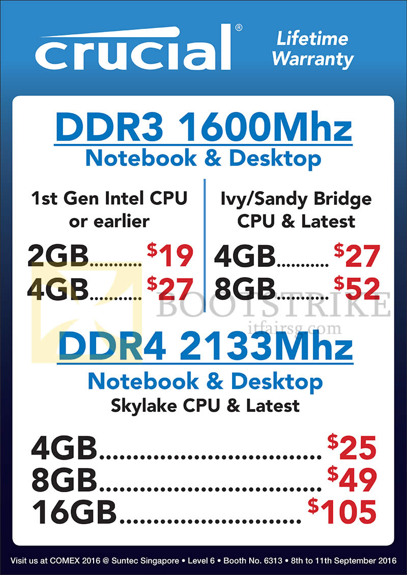 COMEX 2016 price list image brochure of Convergent Memory RAM Crucial DDR3, DDR4, 2GB, 4GB, 8GB, 16GB