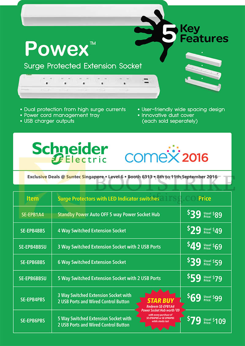 COMEX 2016 price list image brochure of Convergent Schneider Electrc Powex Surge Protected Extension Socket SE-EPB1A4, EPB4BBS, EPB4BBSU, EPB6BBSU, EPB6PBS