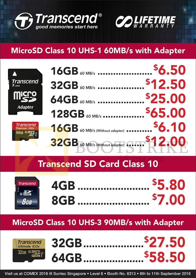 COMEX 2016 price list image brochure of Convergent Transcend MicroSD, SD Cards, Class 10 UHS-1, UHS-3, 4GB, 8GB, 16GB, 32GB, 64GB, 128GB