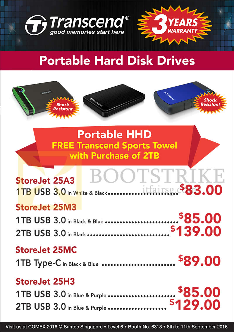 COMEX 2016 price list image brochure of Convergent Transcend Portable Hard Disk Drives StoreJet 25A3, 25M3, 25MC, 25H3