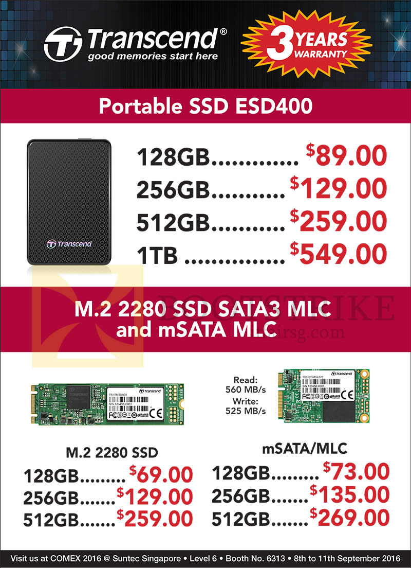 COMEX 2016 price list image brochure of Convergent Transcend Portable SSD ESD400, M2 2280 SSD SATA3 MLc, MSATA MLC 128GB, 256GB, 512GB, 1TB