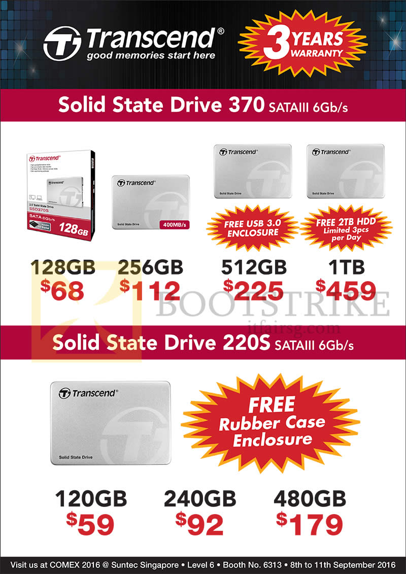 COMEX 2016 price list image brochure of Convergent Transcend SSD370, SSD220S 120GB, 128GB, 240GB, 256GB, 480GB, 512GB, 1TB