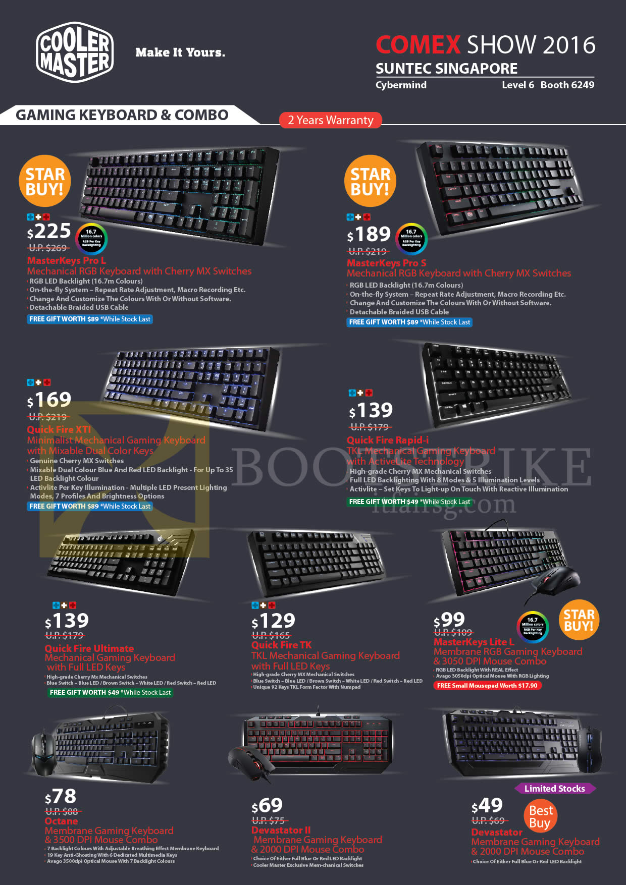 COMEX 2016 price list image brochure of Cybermind Cooler Master Gaming Keyboards, MasterKeys Pro L, Pro S, Quick Fire XTI, Rapid-I, Ultimate, TK, MasterKeys Lite L, Octane, Devastator, II